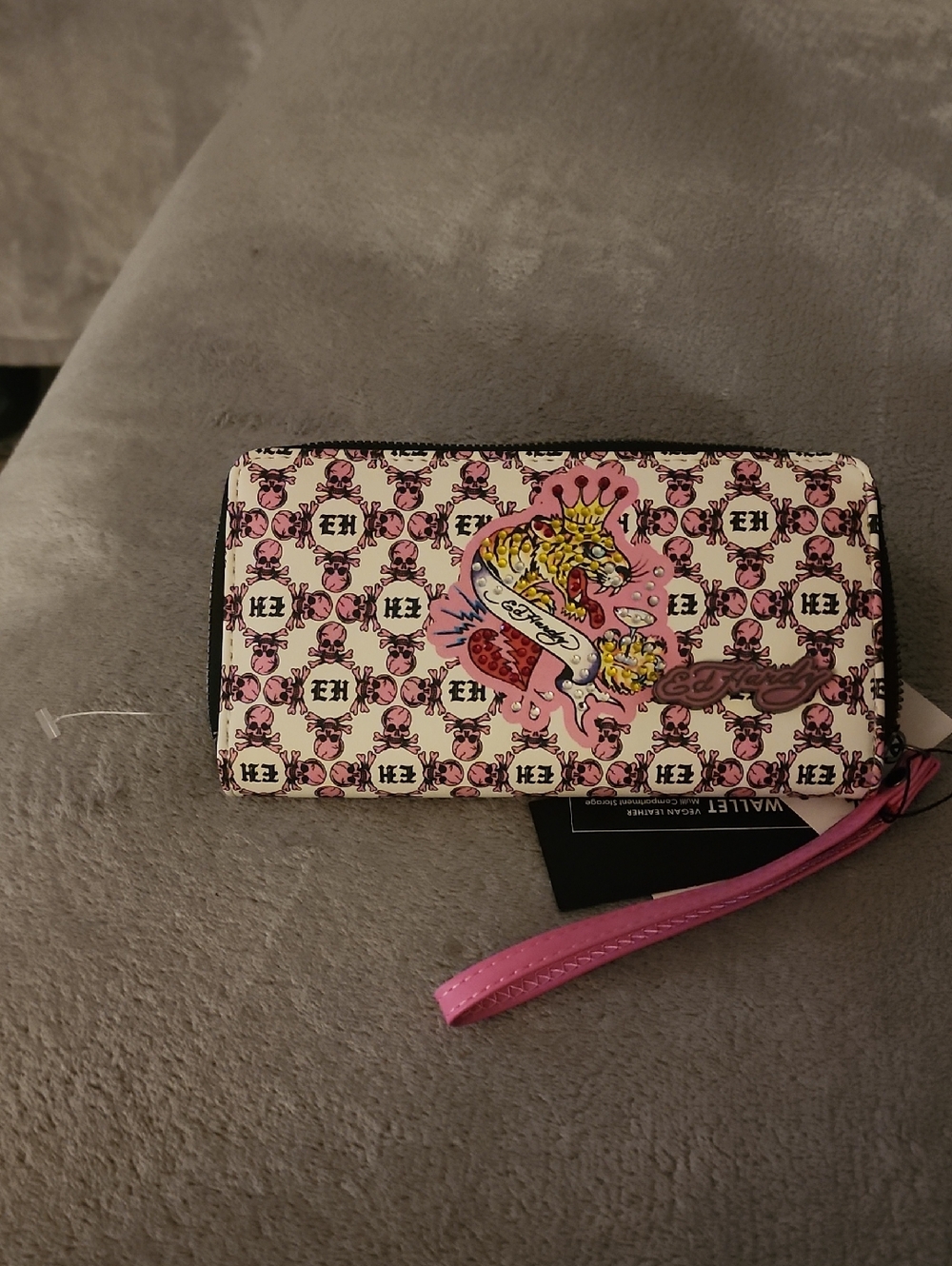 Ed Hardy Pink and White Tattoo-Print Zip Wristlet Wallet